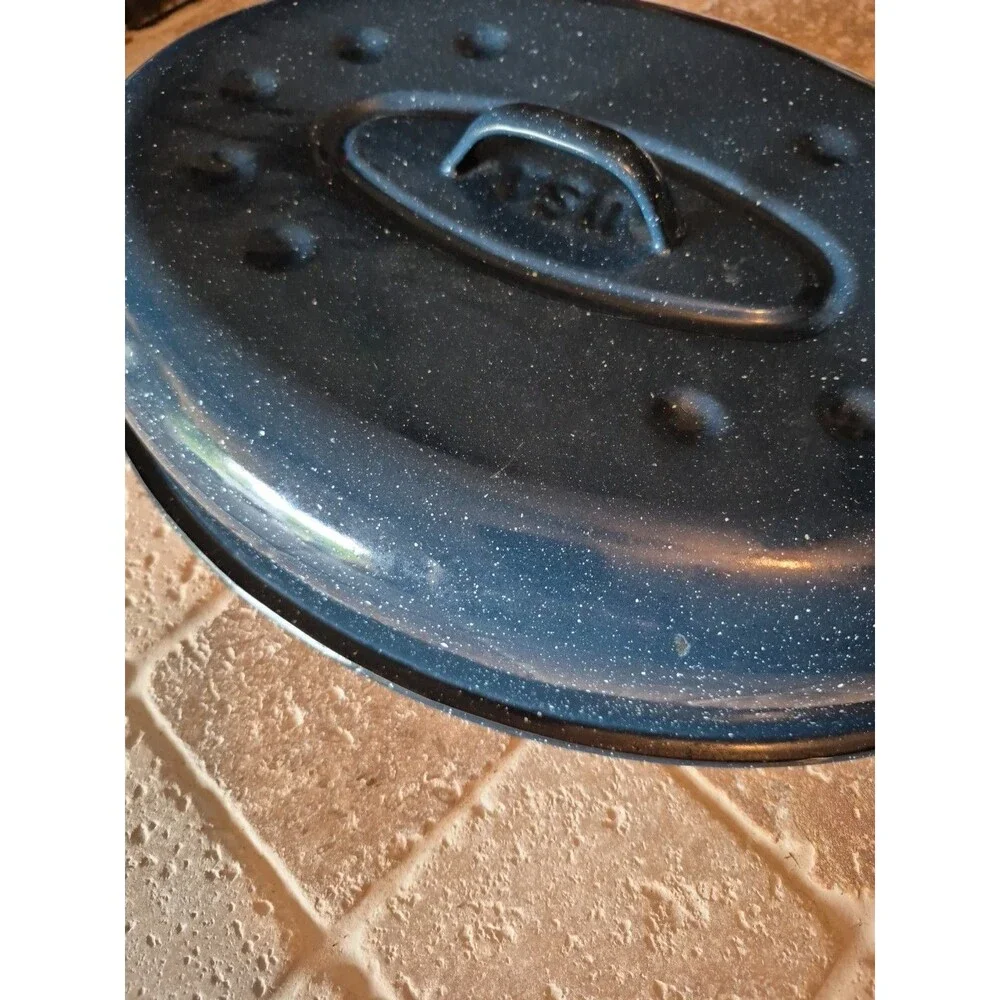 Vintage Blue & White Speckled Enamelware Replacement Roaster Lid Oval Baking